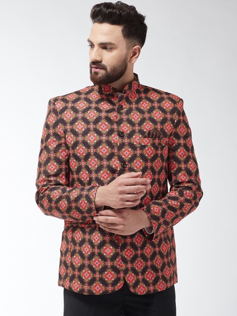 

SOJANYA Men Brown & Pink Printed Bandhgala Blazer