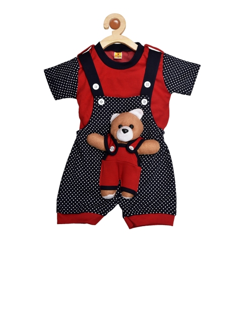

BORN WEAR Kids Navy Blue & Red Solid T-shirt with Dungarees