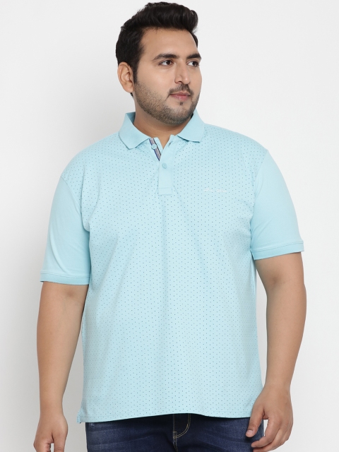 

John Pride Plus Size Men Turquoise Blue Printed Stretchable Polo Collar T-shirt