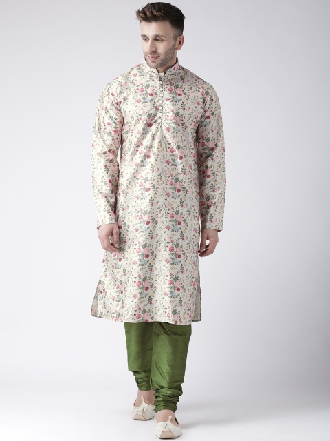 

Hangup Men Beige & Pink Art Silk Printed Kurta with Pyjamas
