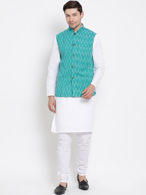

VASTRAMAY Men White & Blue Striped Kurta with Churidar