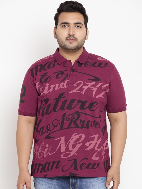 

John Pride Plus Size Men Burgundy Printed Stretchable Polo Collar T-shirt
