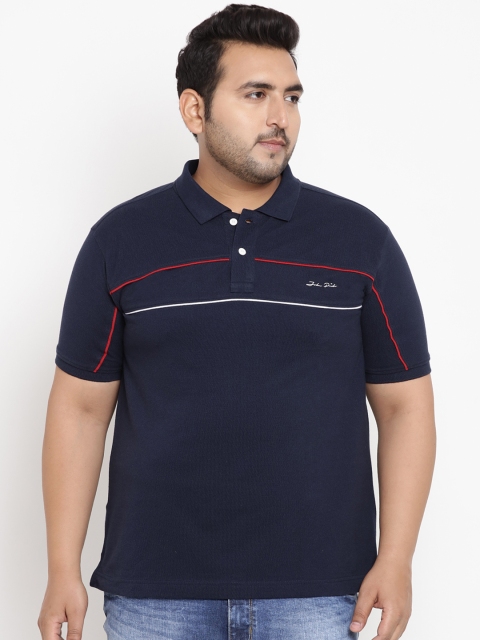 

John Pride Plus Size Men Navy Blue Striped Stretchable Polo Collar T-shirt