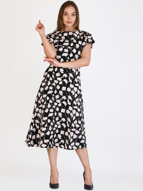 

Cottinfab Women Black & Off-White Printed Fit and Flare Dress