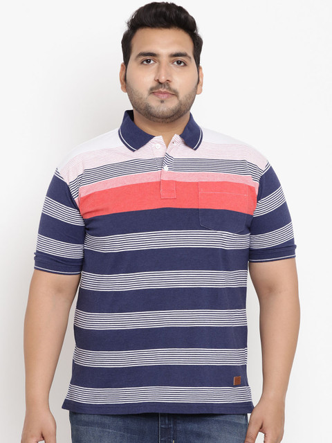 

John Pride Plus Size Men Navy Blue Striped Polo Collar T-shirt