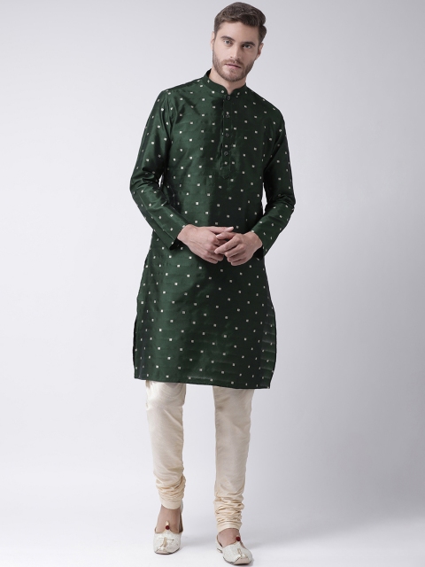 

DEYANN Men Green & Cream-Coloured Self Design Kurta with Churidar