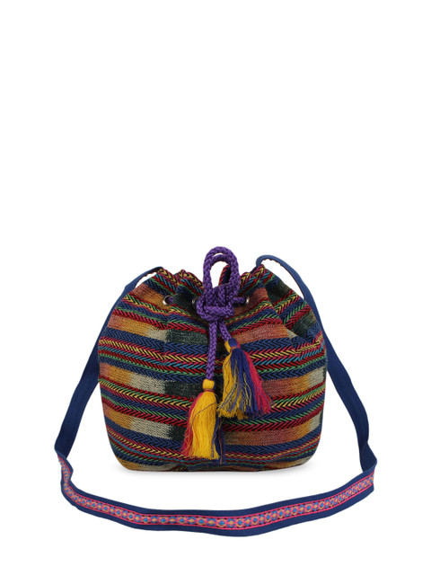 

Anekaant Women Multicoloured Striped Tasselled Potli Clutch, Multi