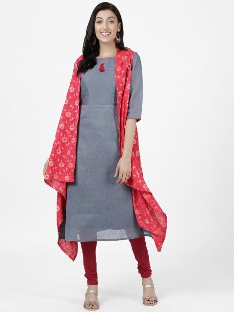 

Heart of Gold Women Pink & Grey Solid Straight Kurta