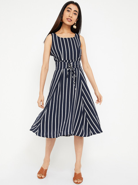 

CODE by Lifestyle Women Striped Navy Blue & White Fit and Flare Dress
