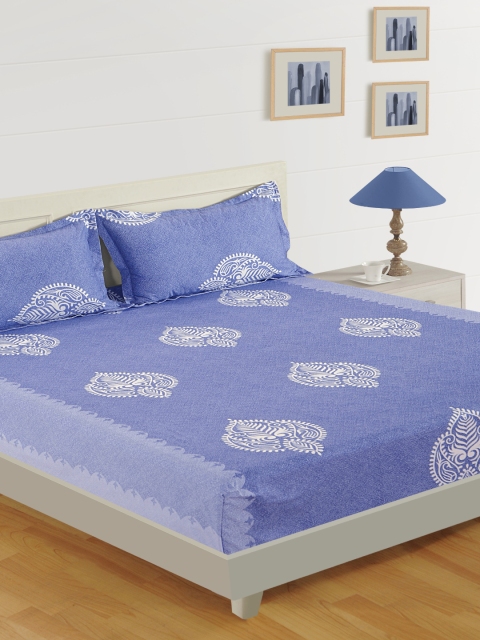 

SWAYAM Blue Ethnic Motifs 250 TC Cotton 1 Queen Bedsheet with 2 Pillow Covers
