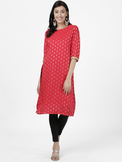 

Heart of Gold Women Red Woven Design Straight Kurta