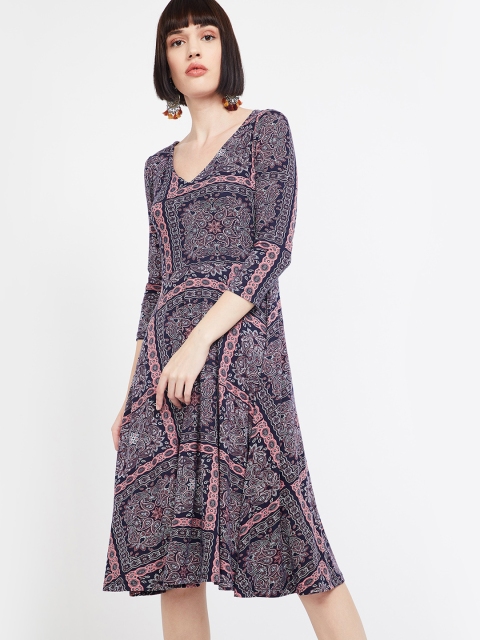 

CODE by Lifestyle Women Printed Navy Blue Fit and Flare Dress