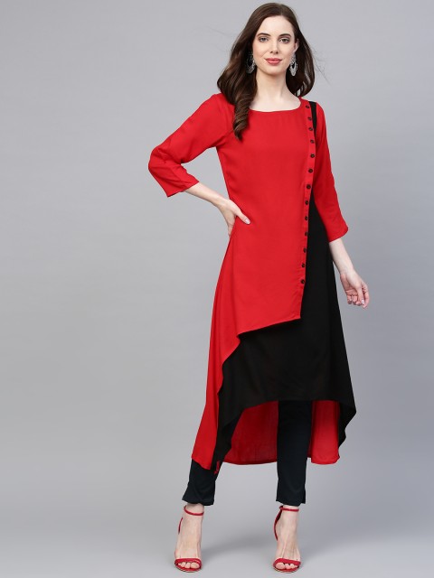 

Jompers Women Red & Black Colourblocked Kurta with Trousers