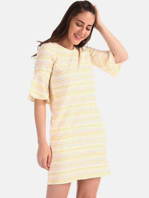 

ELLE Women Off-White & Yellow Chevron Print Sheath Dress