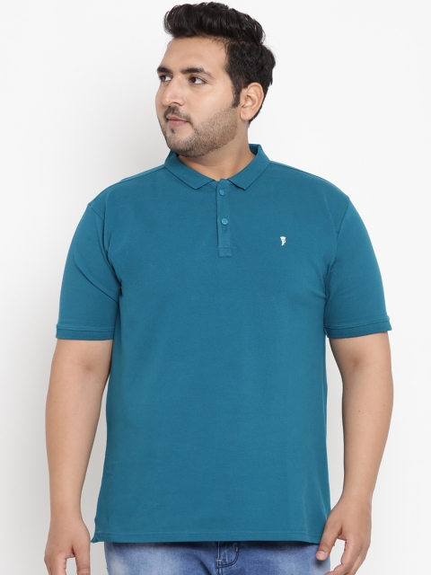

John Pride Plus Size Men Teal Blue Solid Polo Collar T-shirt