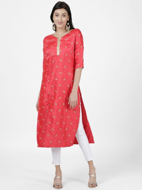 Heart of Gold Women Red Floral Embellished Straight Kurta