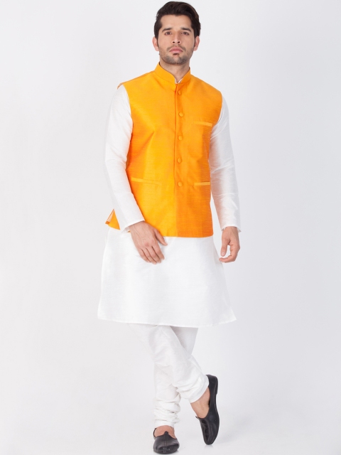 

VASTRAMAY Men White & Yellow Solid Kurta with Churidar