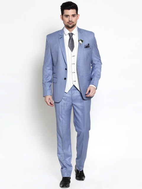 

LUXURAZI Men Blue Solid Slim Fit Linen Single-Breasted Suit
