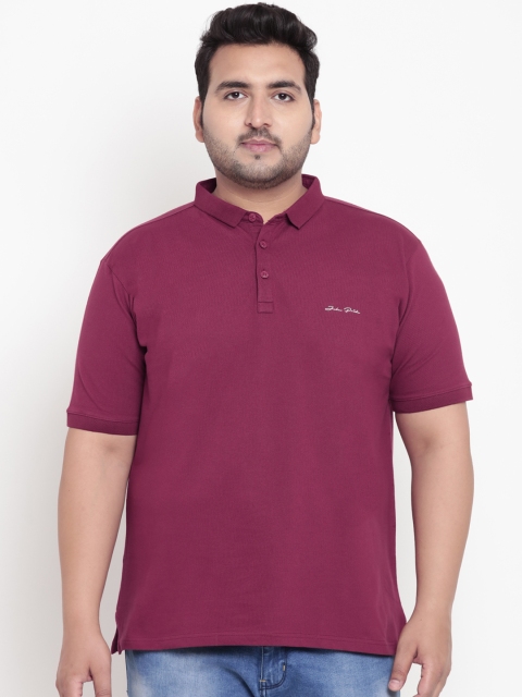 

John Pride Plus Size Men Burgundy Solid Stretchable Polo Collar T-shirt