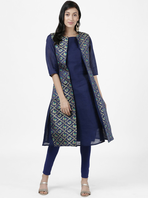 

Heart of Gold Women Navy Blue & Grey Solid A-Line Layered Kurta With Shrug