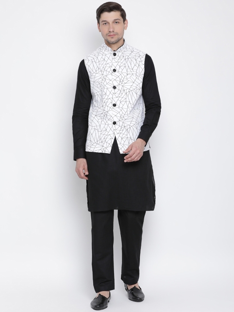 

VASTRAMAY Men Black & White Printed Kurta with Churidar with Nehru Jacket
