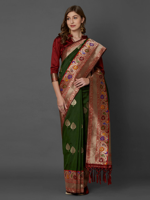 

Mitera Olive Green Silk Blend Woven Design Kanjeevaram Saree