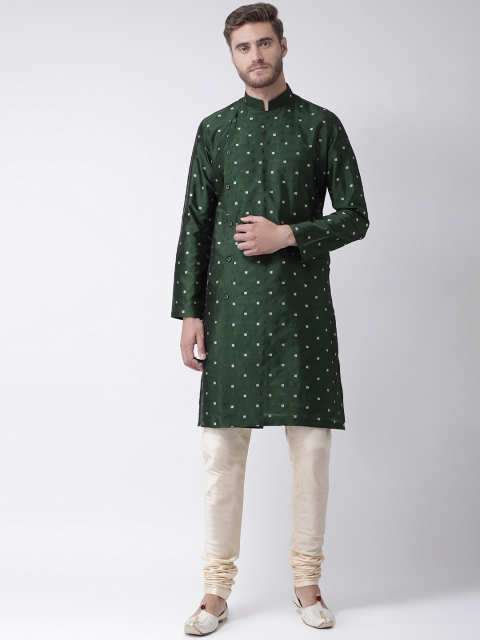 

DEYANN Men Green & Cream-Coloured Self Design Kurta with Churidar