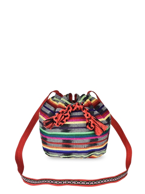 

Anekaant Women Multicoloured Striped Tasselled Potli Clutch, Multi