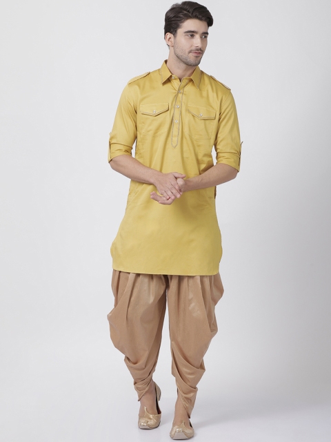 

VASTRAMAY Men Yellow & Beige Solid Kurta with Dhoti Pants