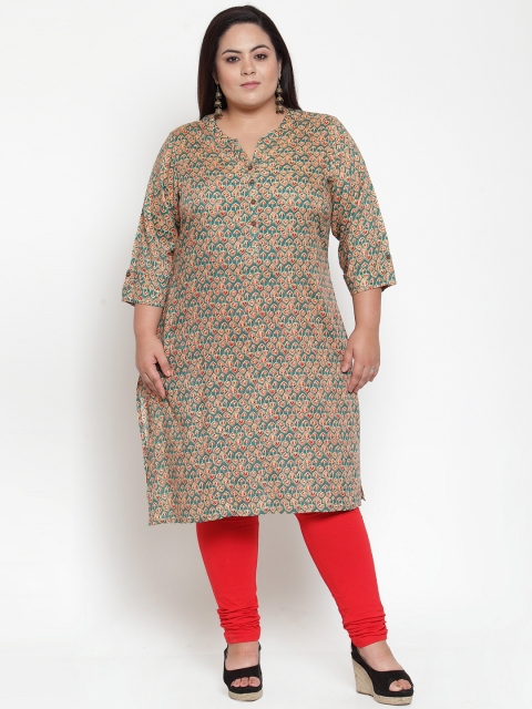 

plusS Women Green & Beige Printed Straight Kurta