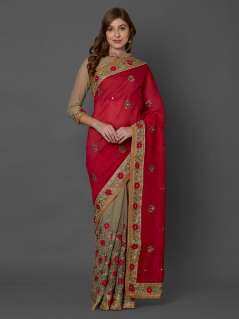 

Mitera Pink & Beige Poly Georgette Embroidered Saree