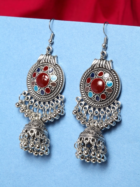 

Shining Diva Silver-Toned & Red Classic Jhumkas