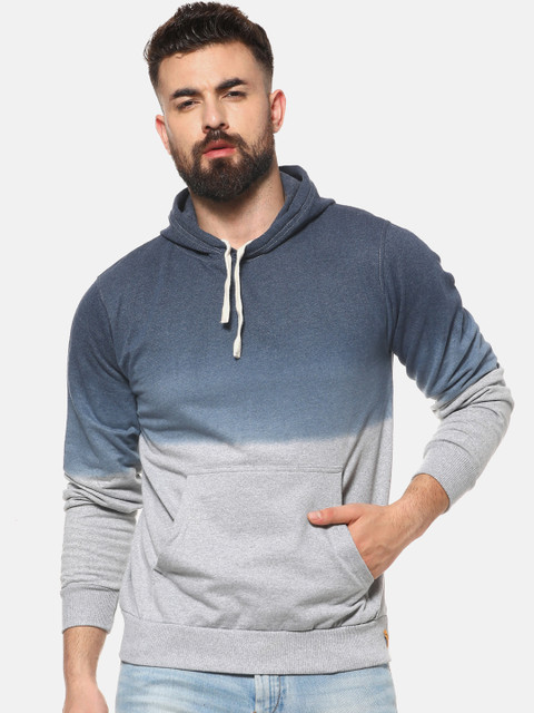 

Campus Sutra Men Grey & Navy Blue Colourblocked Hooded Sweatshirt