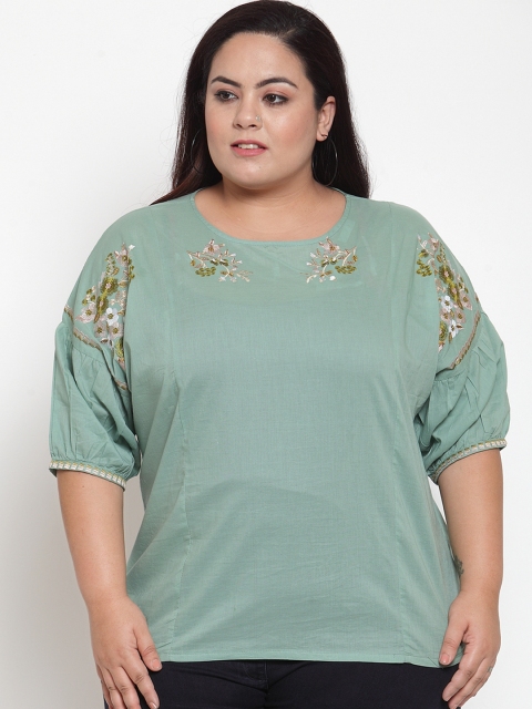 

plusS Women Sea Green Solid Top with Floral Embroidery Detail