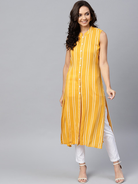 

Jompers Women Mustard Yellow & Off-White Striped Kurta with Trousers