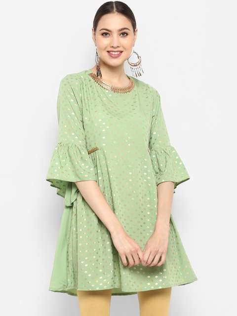 

Janasya Women Green Printed A-Line Kurti