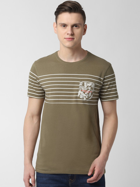 

Peter England Casuals Men Olive Green & White Striped Round Neck T-shirt
