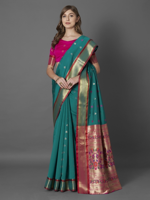 

Mitera Teal Silk Blend Woven Design Banarasi Saree