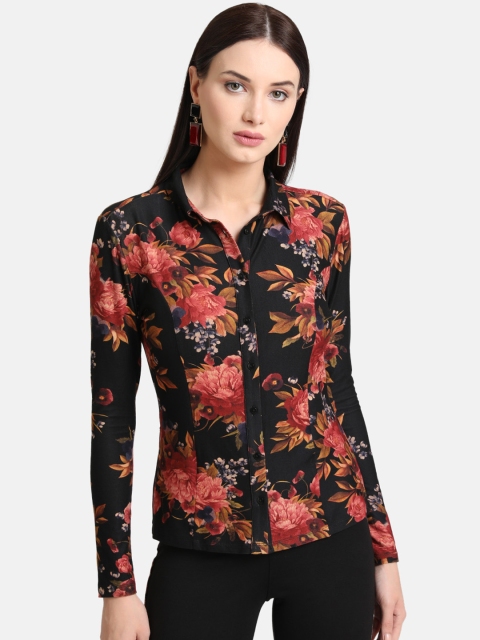 

Kazo Women Black & Orange Regular Fit Printed Casual Shirt