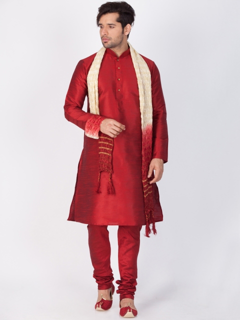 

VASTRAMAY Men Maroon Solid Kurta with Churidar & Dupatta