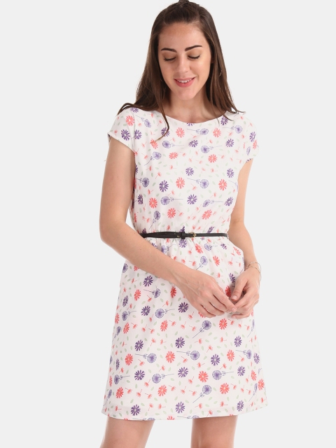 

ELLE Women White & Pink Floral Print A-Line Dress