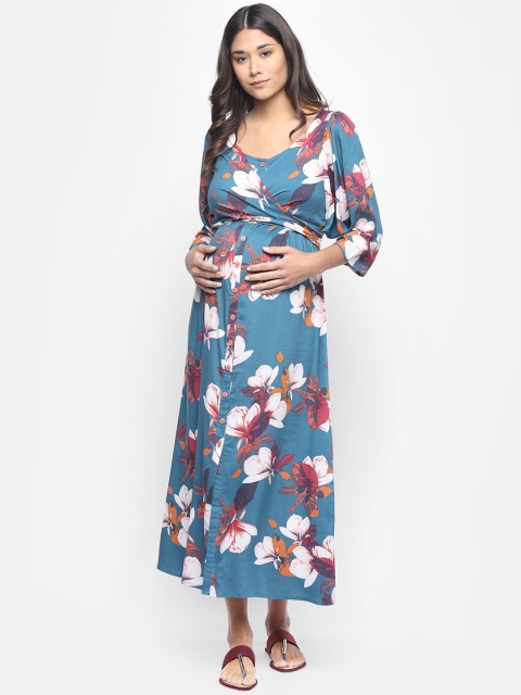 

The Kaftan Company Women Teal Blue & White Floral Print Maternity A-Line Dres