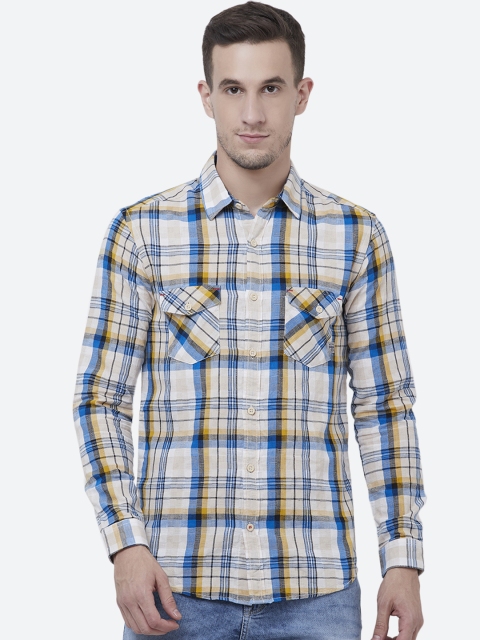 

Mufti Men Cream-Coloured & Blue Slim Fit Checked Casual Shirt