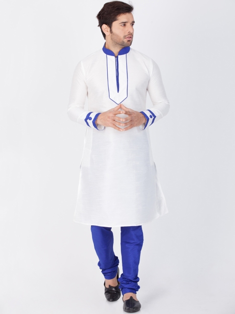 

VASTRAMAY Men White & Blue Solid Kurta with Churidar