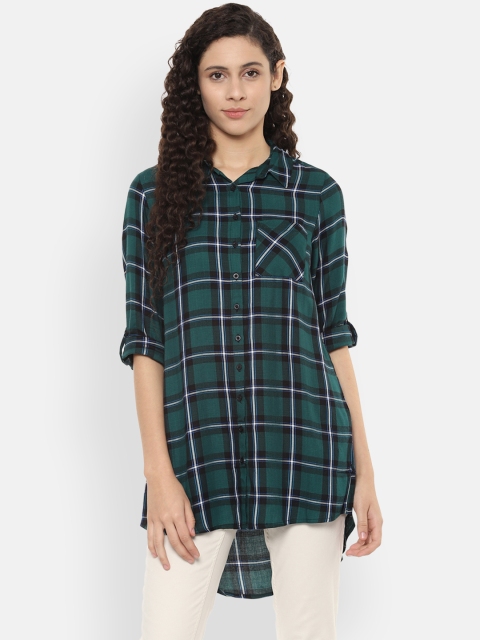 

People Women Green & Black Regular Fit Checked Casual Shirt