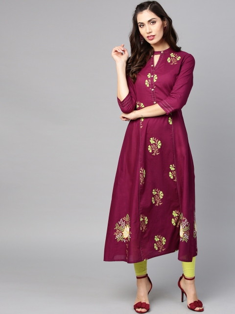 

Tulsattva Women Purple & Yellow Block Print Straight Kurta