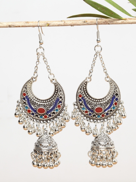 

Shining Diva Fashion Silver-Toned Blue Oxidised Crescent Shaped Drop Earrings