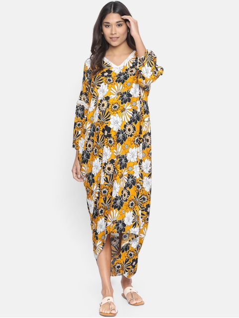 

The Kaftan Company Women Mustard Yellow & Black Floral Print Maternity Kaftan Dress