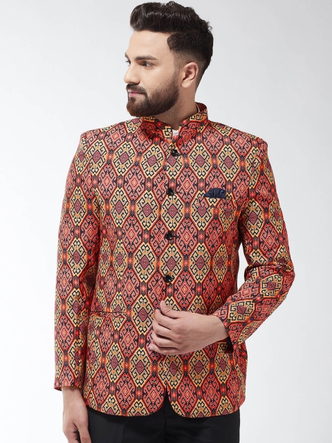 

SOJANYA Men Pink & Beige Printed Bandhgala Blazer