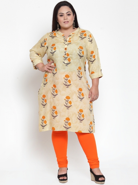 

plusS Women Beige & Orange Floral Printed Straight Kurta